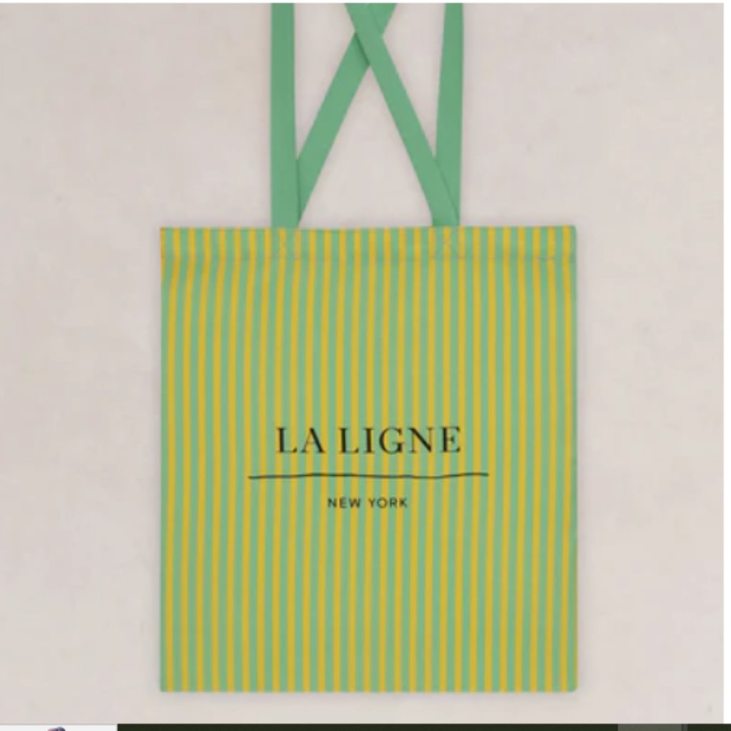 La Ligne Ny Green Yellow Stripe Small Shopper Tote